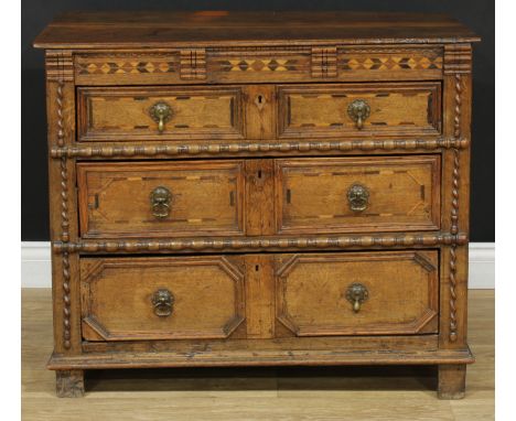A Charles II oak and bog oak and holly parquetry chest, of small proportions, rectangular top above three long graduated draw