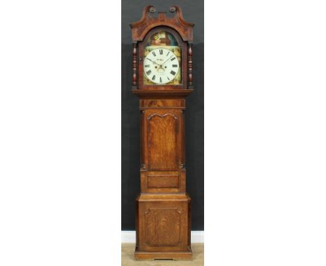 A George IV mahogany crossbanded oak longcase clock, 33cm enamel dial, date aperture, twin winding holes, the case with swan 