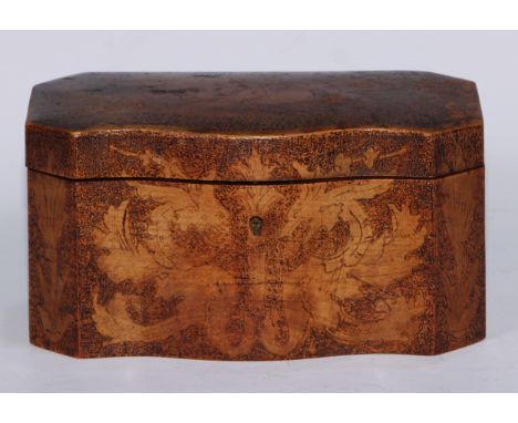 A 19th century serpentine pyrography tea caddy, decorated in poker work with dragons and scrolling leaves, hinged cover enclo