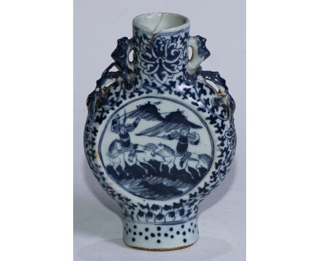 A Chinese moon flask, painted in tones of underglaze blue with cavalry soldiers, 15.5cm high, 19th century or earlier 