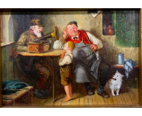 Dutch School (20th century), 'The 'Miraculous' Gramophone', indistinctly signed, oil on panel, 12cm x 17cm 