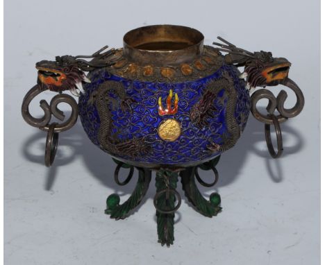 A Chinese silver and enamel tripod censer, decorated in polychrome and applied with dragons chasing flaming pearls, 14cm wide