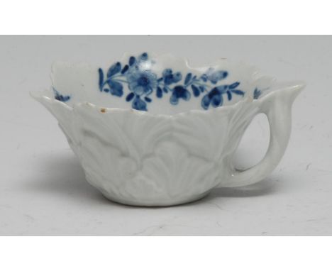 A  Worcester geranium moulded butter boat,  painted with the Pickle Leaf Daisy pattern, 8cm wide, workman?s mark, c.1770 