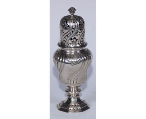 An 18th century Scandinavian silver inverted baluster sugar caster, probably Swedish, pierced bell shaped cover with bud fini