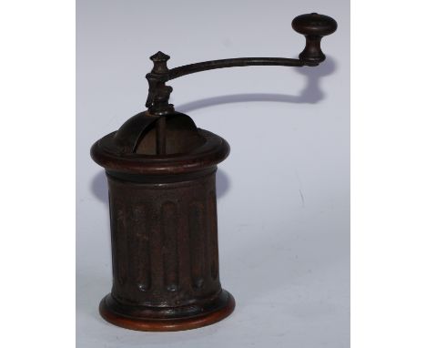 Treen - a 19th century coffee grinder, turned handle, fluted side, 23cm high 
