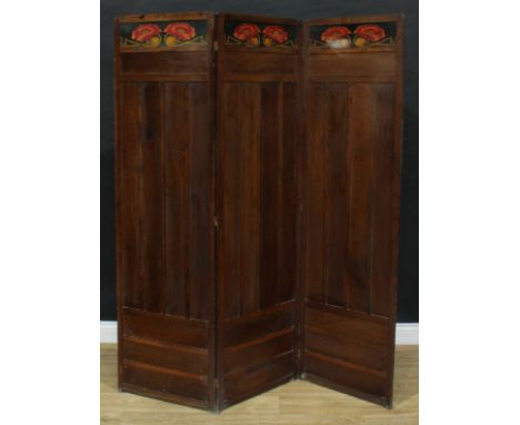 An Arts &amp; Crafts oak three-fold poppy screen, probably Liberty &amp; Co, the upper panels incised and stained with poppie