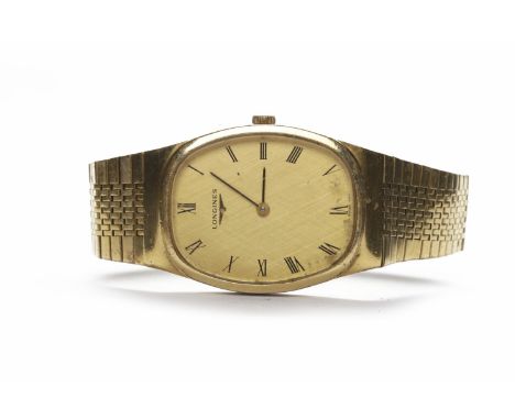 GENTLEMAN'S LONGINES GOLD PLATED MANUAL WIND WRIST WATCHthe rounded tonneau shaped dial with Roman numerals in black, the cas