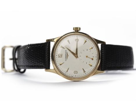 GENTLEMAN'S LONGINES MANUAL WIND WRIST WATCHthe round white dial with applied gold coloured Roman numerals and wedge hour mar