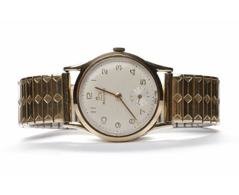 GENTLEMAN'S RECORD MANUAL WIND WRIST WATCHthe round white dial with applied gold coloured Arabic numerals, with subsidiary se