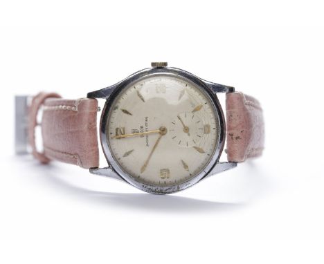GENTLEMAN'S TUDOR SHOCK-RESISTING STAINLESS STEEL MANUAL WIND WRIST WATCHthe round dial with applied Arabic numerals and wedg
