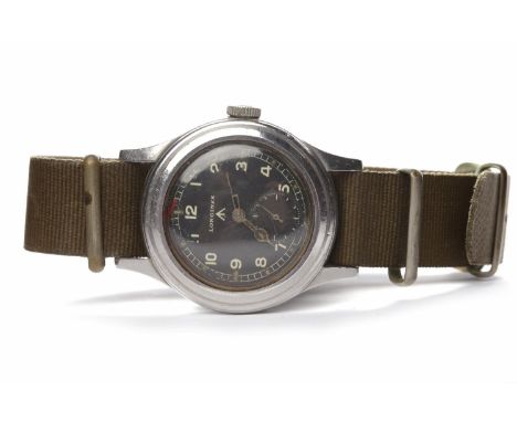 WWII LONGINES RAF ISSUE GREENLANDER STAINLESS STEEL MANUAL WIND WRIST WATCHthe round black dial with luminous Arabic numerals