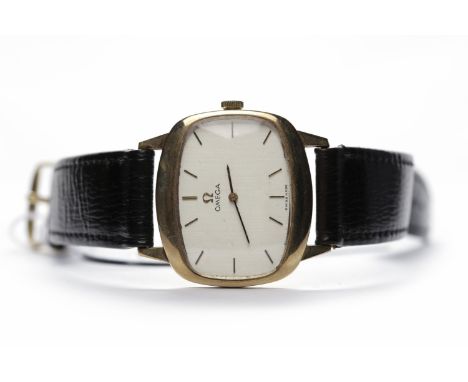GENTLEMAN'S OMEGA MANUAL WIND WRIST WATCHthe rounded rectangular dial with baton hour markers, on a leather strap, lacking bo