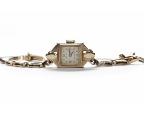 LADY'S NINE CARAT GOLD ROAMER MANUAL WIND WRIST WATCHthe square dial with applied gold coloured Arabic numerals and rhombic h