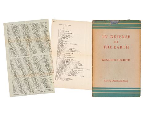 Rexroth (Kenneth). In Defense of the Earth, 1st edition, New York: New Directions, 1956, author's signed presentation inscrip