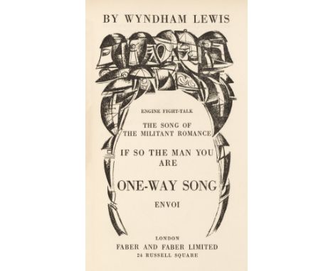 Lewis (Wyndham). One-Way Song, 1st edition, Faber, 1933, title page and part-title designs by Wyndham Lewis, top edge gilt, r