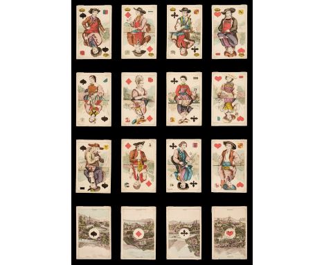 * German playing cards. Swiss Canton Costumes, Frankfurt am Main: C.L. Wüst, circa 1850, a complete deck of 52 stencil colour