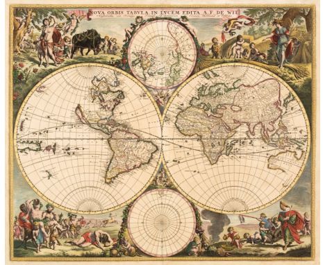 World. De Wit (Frederick), Nova Orbis Tabula in Lucem Edita, A. F. De Wit, Amsterdam, circa 1680, hand-coloured engraved hemi