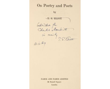 Eliot (T.S.) On Poetry and Poets, 1st edition, London: Faber and Faber, 1957, light partial offsetting to endpapers, original