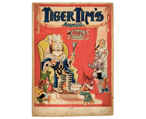 * Foxwell, (Herbert Sydney, 1890-1943). Tiger Tim's Annual, original cover artwork, 1926, watercolour on Whatman board, depic