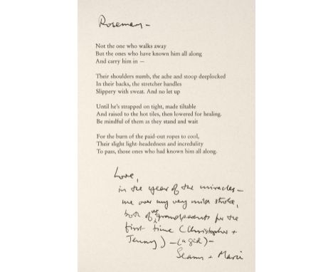 * Heaney (Seamus, 1939-2013). Christmas card, privately published for the author by Peter Fallon/The Gallery Press, 2006, fol