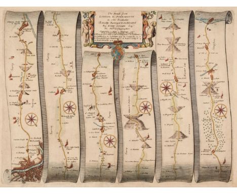 Ogilby (John). The Road from London to Portsmouth in com. Southamp...., circa 1676, hand-coloured engraved strip road map, oc