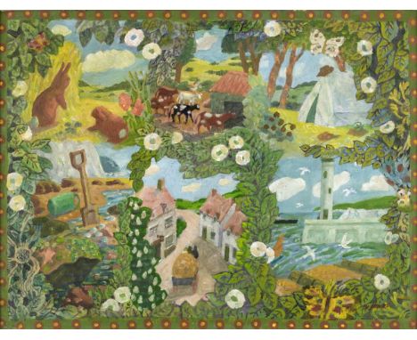 * Jones (Harold, 1904-1992). Countryside Living: A Composition, oil on board, signed lower right, board size 38.5 x 50.5 cm, 