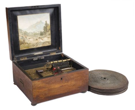* Kalliope Polyphon. Early 20th century, walnut encased box, inlaid with floral pattern around 'Kalliope' on top of lid, bott