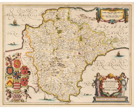 Devon. Jansson (Jan). Devoniae Descriptio. The Description of Devon, Amsterdam circa 1650, engraved map with bright contempor