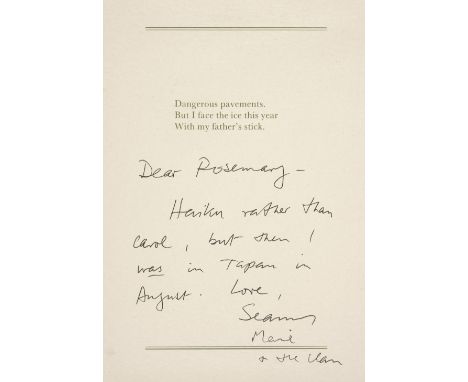 * Heaney (Seamus, 1939-2013). Christmas card, published for the author by Peter Fallon, 1987, single light grey thin card she