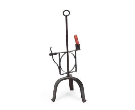 An early 18th Century wrought iron candlestand, on tripod base, 52cm high