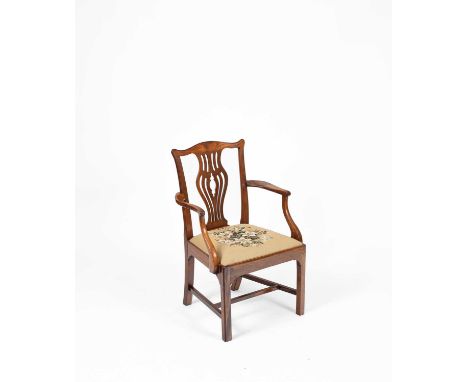 A George III mahogany splat back open armchair with a needlework seat, 63cm wide, 58cm deep, 94cm high