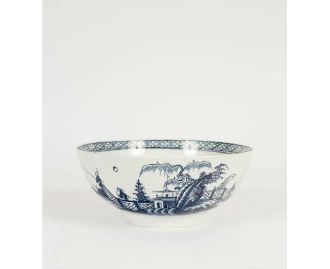 A Liverpool (Christians) bowl, painted with an Oriental island scene of men fishing by a pierced fence and pavilion, circa 17