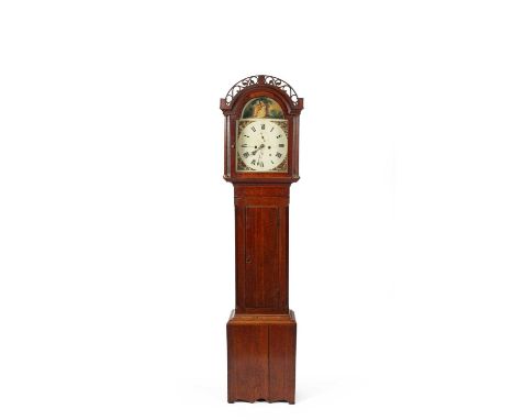 A 19th Century oak longcase clock, with a carved pierced arched top and painted dial, by D Bowman, the case with ebony inlay 