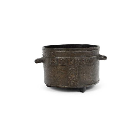 A 17th Century bronze cooking pot, marked 4DIMINA and dated 1613, 23cm diameterTypical wear and tear commensurate with age. S