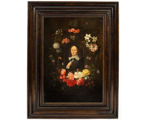 Circle of Frans Ykens (1601-1693)Portrait of a Clericin a stone niche surrounded by a garland of flowersbears signature lower