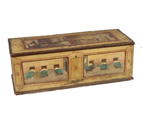 An early 19th Century painted chest or cassone, Continental, likely Spanish, the rectangular hinged top painted with two scen