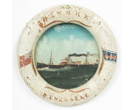 Naive School, early 20th CenturyShip's Portrait in Life Ring Frameoil on board15.5cm x 16cm  Extensive wear and surface marki