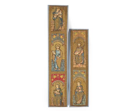 A set of two fine silk and metal thread needlework orphrey panels, elements 16th Century, depicting Saints in niches, includi