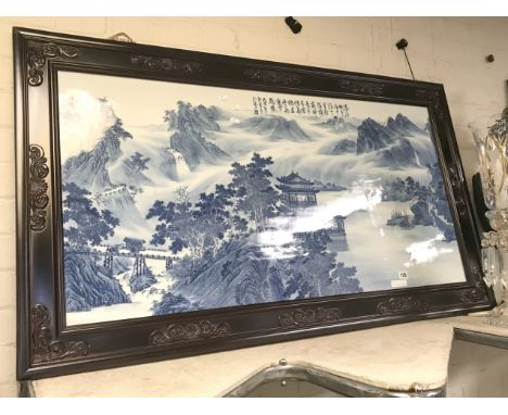 FRAMED CHINESE BLUE &amp; WHITE TILE - 130 CMS X 73 CMS