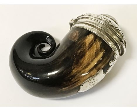 EARLY HORN &amp; SILVER SEMI PRECIOUS STONE TOP  TOBACCO / SNUFF BOX - 9 CMS