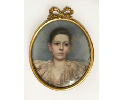 HAND PAINTED MINIATURE  GILT FRAMED PORTRAIT OF A YOUNG GIRL - 9 CMS
