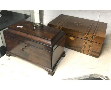 EARLY TUNBRIDGEWARE BOX - 28 CMS X 18 CMS X 12 CMS WITH AN EARLY MAHOGANY TEA CADDY - 23 CMS X 15 CMS X 13 CMS