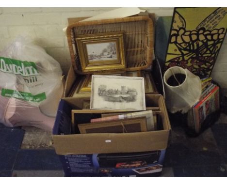 Two Boxes of Pictures and Prints and Books, Lamp Shades Etc. 