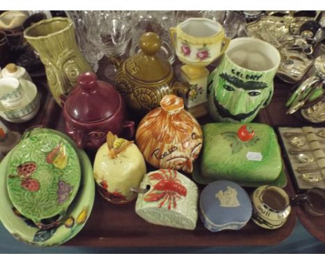 A Tray Containing Ceramic Pickled Onion Jars, Celery Jars, Butter Dishes Etc. Carlton Ware Lobster Sauce Pot Etc. 