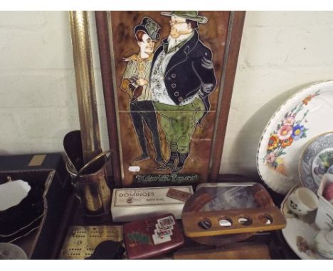 A Tray of Sundries to Include Brass Ware, Wooden Pipe Racks, Pickwick Papers Tile, Dominoes Etc.  