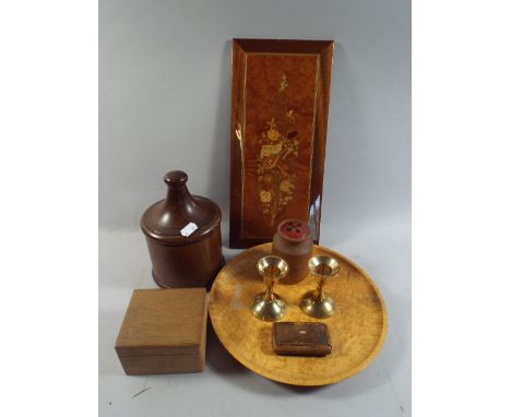 A Collection of Treen Items to Include Snuff Box, Tobacco Jar, Inlaid Panel, Box Etc. 