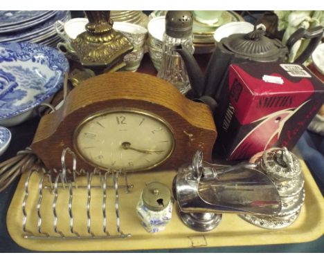 A Tray of Sundries to Include Brass Table Lamp, Silver Plated Tea Pot, Sugar Bowl and Toast Rack, Sugar Sifter Etc. 