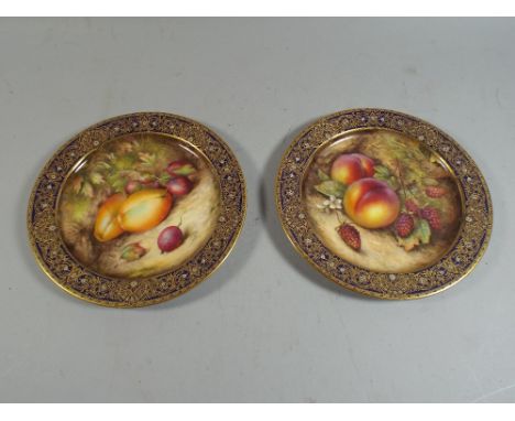 A Pair of Royal Worcester Hand Painted Cabinet Plates Depicting Fruit Signed by Richard Sebright, Each with Tooled Gilt Borde