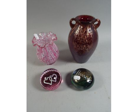 A Collection of Coloured Glassware to Include Harrods Paperweight, Signed Caithness Paperweight and Two Vases.