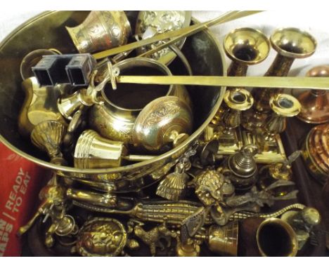 A Tray of Brass Hand Bells, Candle Sticks, Vases, Crocodile and Fox Door Knocker.